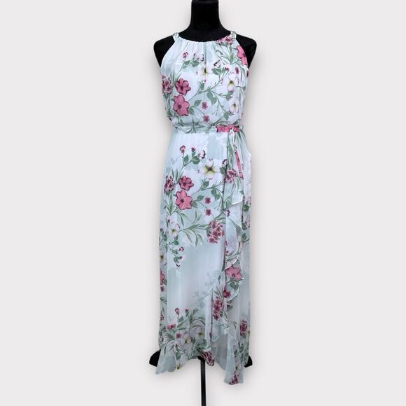 R&K Floral Maxi Dress Size 6 White Belted Flowy Romantic Ethereal Event Occasion - Picture 1 of 9